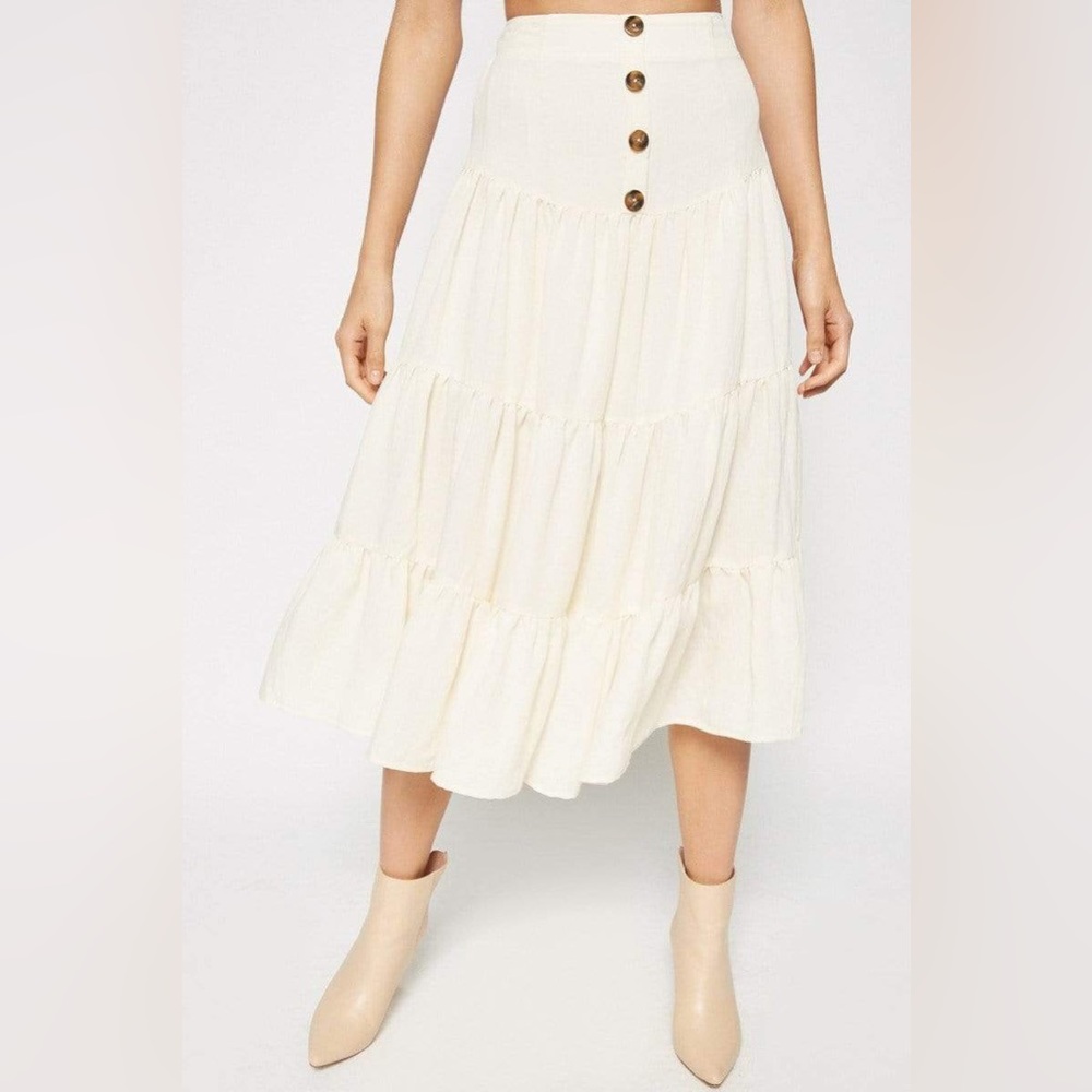 Tiered Linen Midi Skirt in Ivory